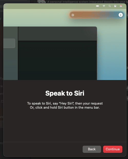 Instructions for speaking to Siri, mentioning “Hey Siri” and the Siri button in the menu bar.